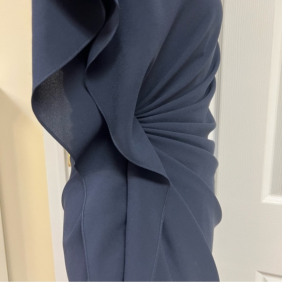 Authentic PRADA Silk Side ruched ruffle asymmetric mini navy dress womens size 4 - Picture 6 of 9